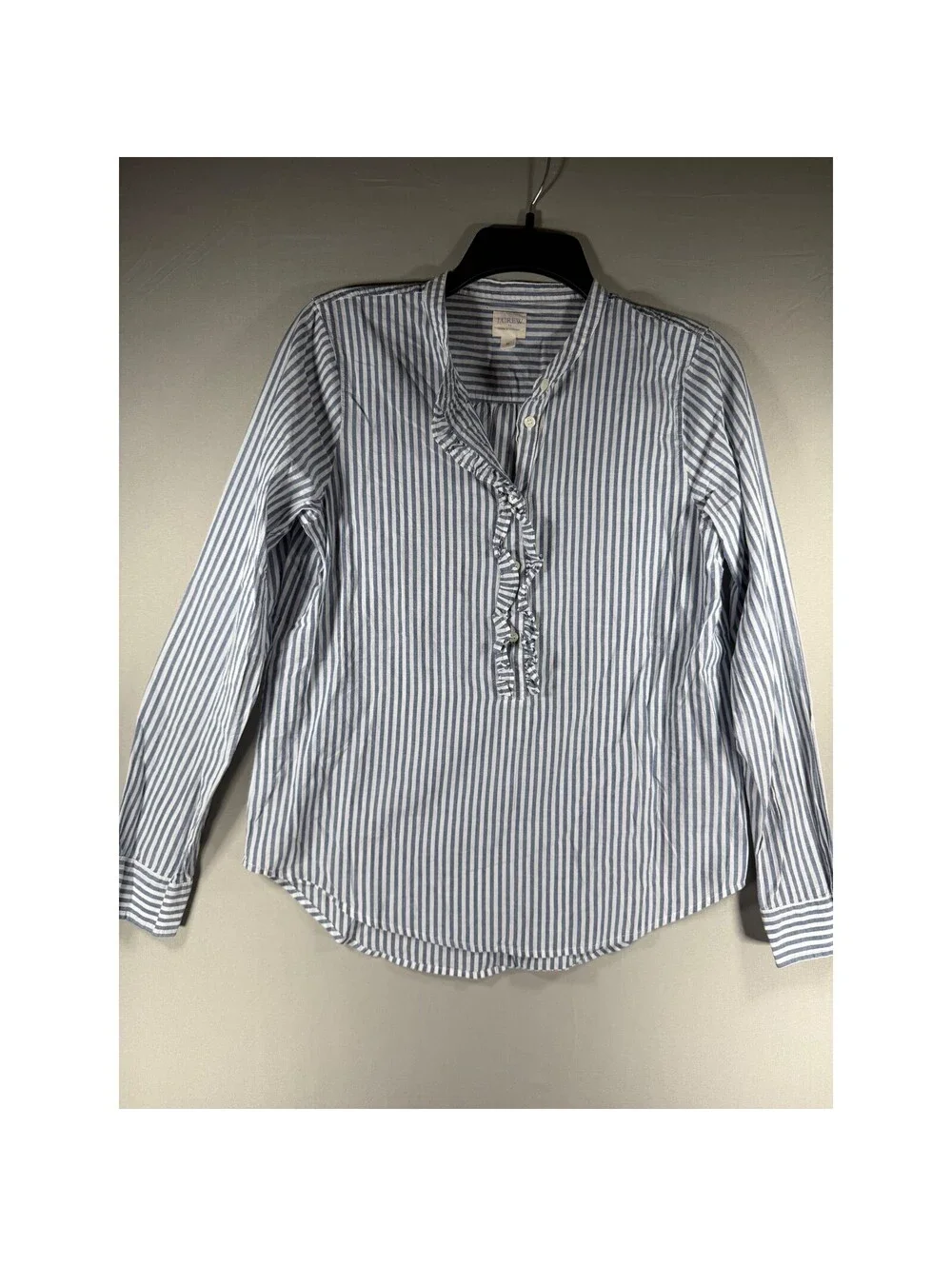 J.Crew Womens Blue White Striped Ruffle Front Cotton Blouse Small